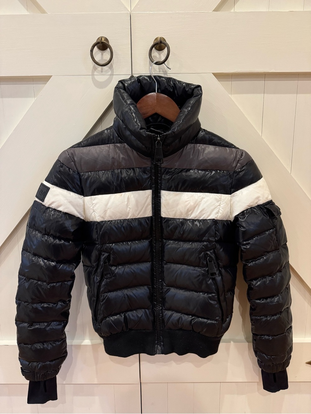 SAM. Black, White & Gray Stripe Puffer Jacket, Women’s